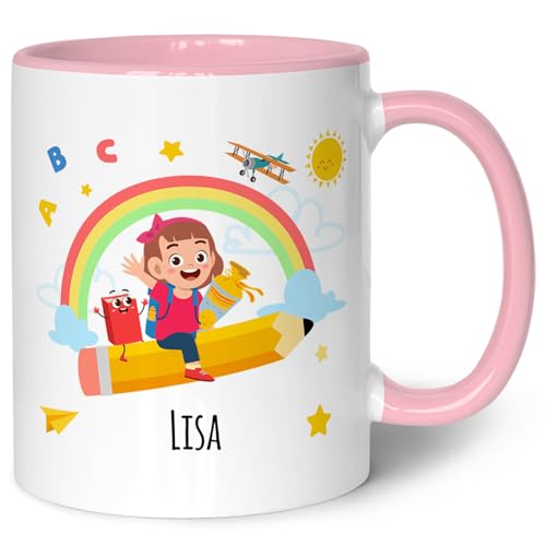 Bedruckte Tasse mit Motiv - Einschulung mit Name - Personalisiert mit Wunschnamen - Geschenk für Mädchen zur Einschulung - Geschenke für die Schultüte zum Schulanfang - Farbe: Mädchen Schwarz & Weiß von GRAVURZEILE