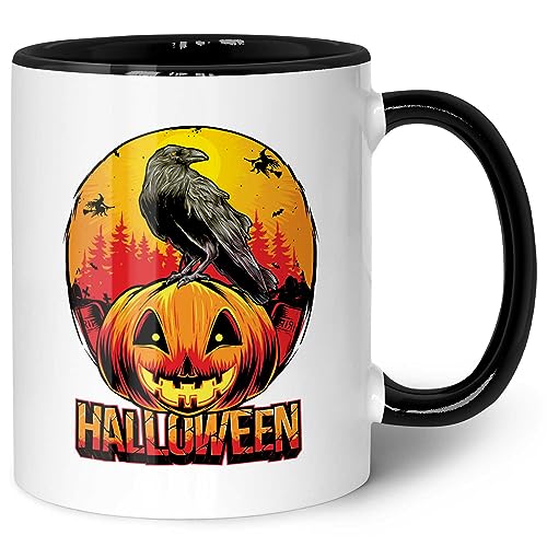 Bedruckte Tasse mit Motiv - Halloween Raben Design - Schaurige Geschenke zu Halloween - Gruselige Horror Party Dekoration zu Halloween - Geschenk für Sie & Ihn - Farbe: Schwarz & Weiß von GRAVURZEILE