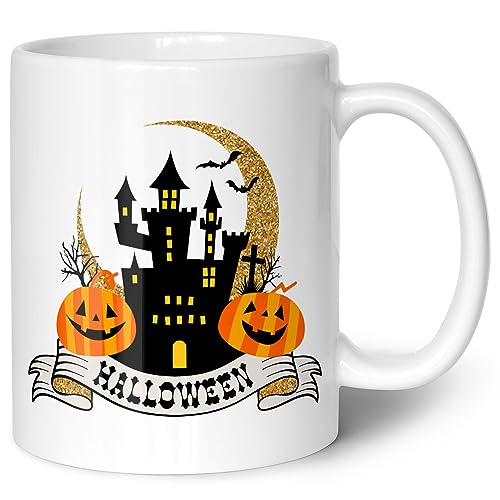 Bedruckte Tasse mit Motiv - Halloween Schloss Design - Schaurige Geschenke zu Halloween - Gruselige Horror Party Dekoration zu Halloween - Geschenk für Sie & Ihn - Farbe: Weiß von GRAVURZEILE