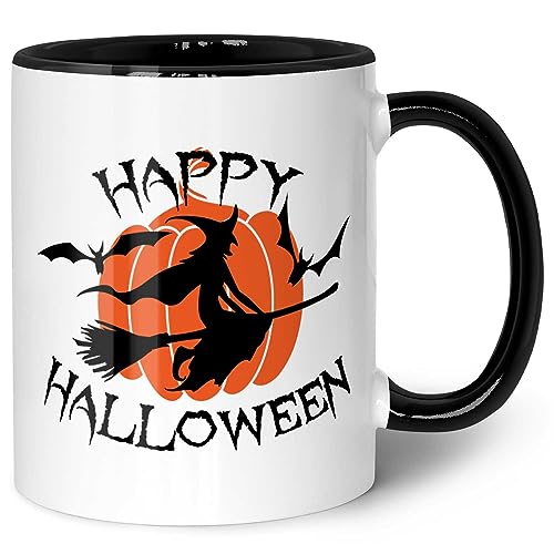 Bedruckte Tasse mit Motiv - Happy Halloween Hexen Design - Schaurige Geschenke zu Halloween - Gruselige Horror Party Dekoration zu Halloween - Geschenk für Sie & Ihn - Farbe: Schwarz & Weiß von GRAVURZEILE