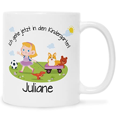 Bedruckte Tasse mit Motiv - Ich gehe jetzt in den Kindergarten mit Namen - Personalisiert mit Wunschnamen - Geschenk für den Kindergarten Kita Anfang - Farbe Mädchen Weiß von GRAVURZEILE