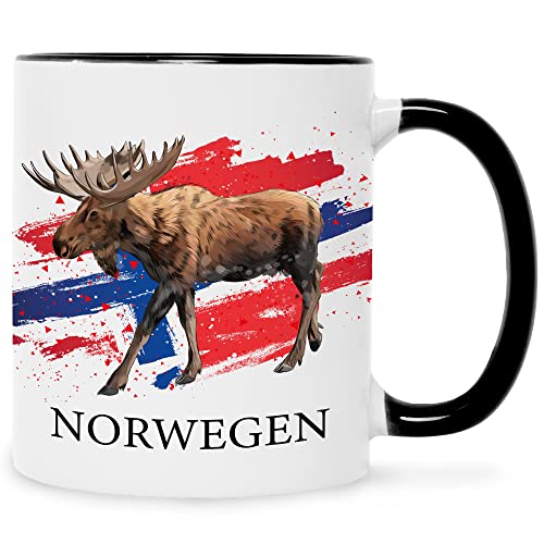 Bedruckte Tasse mit Motiv - Norwegen - Flagge mit Elch - Geschenk für Mama Papa Freunde Geburtstag Valentinstag Weihnachten - für Männer & Frauen - für Sie & Ihn - Farbe: Schwarz & Weiß von GRAVURZEILE