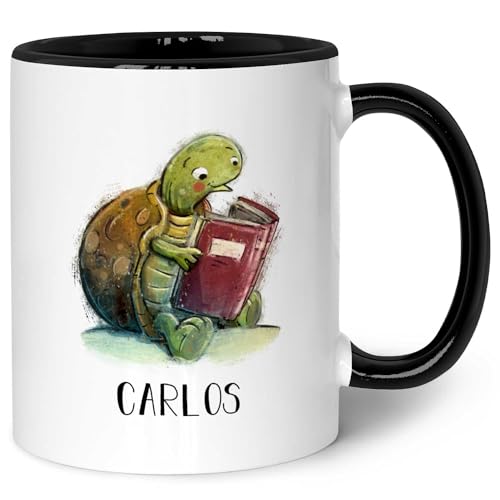 Bedruckte Tasse mit Namen - Lesende Schildkröte - Personalisiert mit Namen und Schildkröten Motiv - Geschenke für Jungen & Mädchen Kinder zum Geburtstag Einschulung Farbe Schwarz & Weiß von GRAVURZEILE