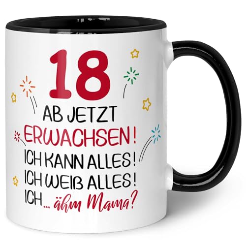 GRAVURZEILE Bedruckte Tasse mit Spruch - 18 ab jetzt erwachsen - Lustiges Geschenk für Mädchen & Jungen zum 18. Geburtstag - Geburtstagsgeschenk - Spülmaschinenfest - Farbe: Schwarz & Weiß von GRAVURZEILE