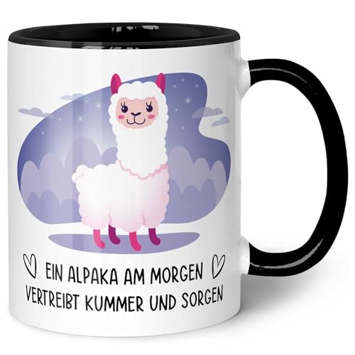 Bedruckte Tasse mit Spruch - Alpaka am Morgen - Lustige Geschenke - Geschenk für Mama Papa Freunde Geburtstag Valentinstag Weihnachten - für Männer & Frauen - für Sie & Ihn - Farbe: Schwarz & Weiß von GRAVURZEILE