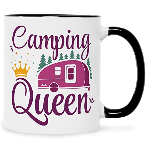 Bedruckte Tasse mit Spruch - Camping Queen - Geschenke für Camperinnen zum Urlaub - für Camper Frauen zum Geburtstag Valentinstag Weihnachten - Geschenkidee für Sie - Farbe: Schwarz & Weiß von GRAVURZEILE