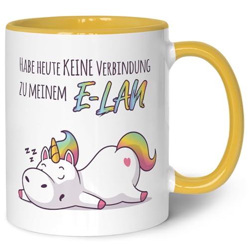 Bedruckte Tasse mit Spruch E-Lan - Lustiges Geschenk - Geschenk für Mama Papa Freunde als Geburtstagsgeschenk - auch zum Muttertag Vatertag - Geschenke für Frauen & Männer - Farbe: Gelb von GRAVURZEILE
