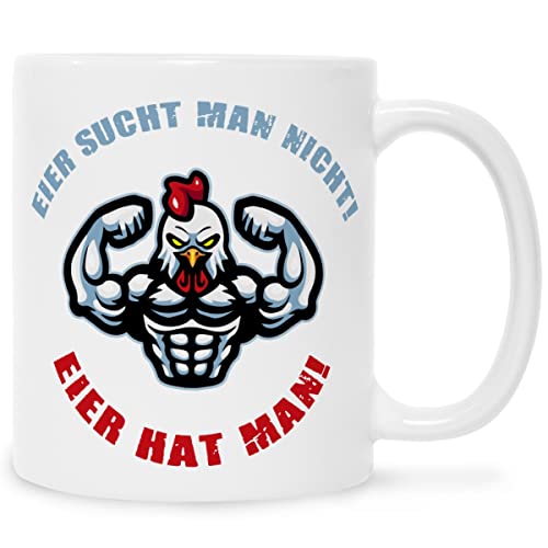 Bedruckte Tasse mit Spruch - Eier sucht man nicht Eier hat man! - Lustige Spruchtasse mit Hahn zu Ostern - Ostergeschenk für Freund Mann Kollege zum Osterfest - Farbe: Weiß von GRAVURZEILE