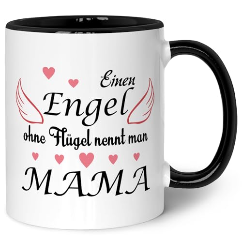 Bedruckte Tasse mit Spruch - Engel ohne Flügel - Herzliche Geschenke - Geschenk für Mama zum Muttertag Geburtstag Valentinstag Weihnachten - für Frauen für Sie - Farbe: Schwarz & Weiß von GRAVURZEILE