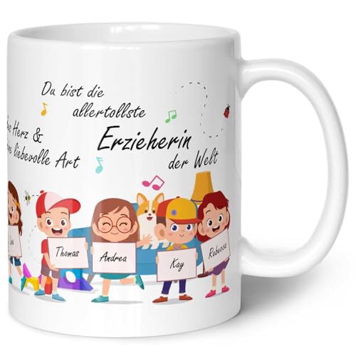 Bedruckte Tasse mit Spruch - Erzieherin Abschied mit bis zu 10 Namen - Geschenk für Erzieher zum Kindergarten Schule Abschied - Geschenk als Dankeschön für Sie - Farbe: Erzieherin Weiß von GRAVURZEILE