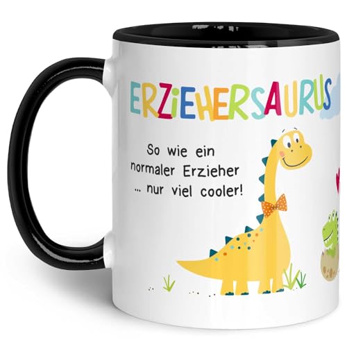 Bedruckte Tasse mit Spruch - Erziehersaurus - Herzliche Geschenke - Geschenk für Erzieher zum Kindergarten Abschied - Geschenk als Dankeschön für Ihn - Farbe Erzieher Schwarz & Weiß von GRAVURZEILE