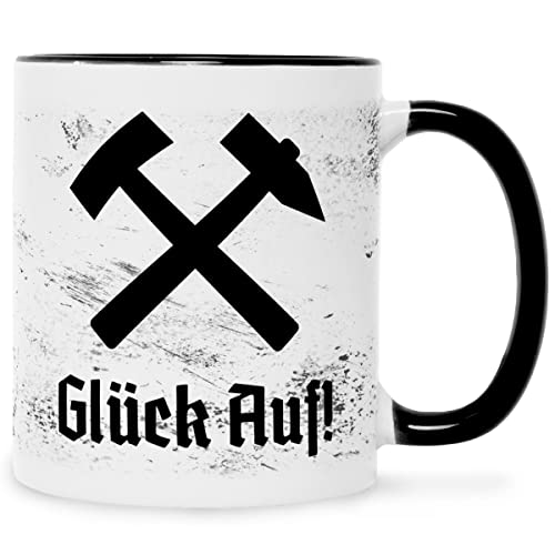 Bedruckte Tasse mit Spruch - Glück Auf! - Geschenke für Zeche Bergwerk Arbeiter - Geschenk für Mama Papa Freunde Geburtstag Vatertag Weihnachten - für Männer & Frauen - Farbe: Schwarz & Weiß von GRAVURZEILE