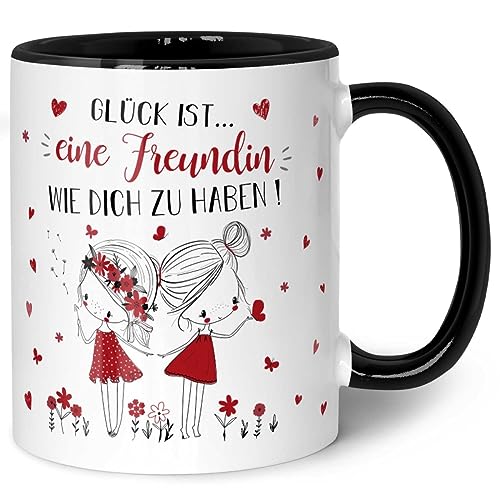 Bedruckte Tasse mit Spruch - Glück ist eine Freundin - Spülmaschinenfest - Mikrowellengeeignet - Geschenk für Freundinnen, Freunde, Familie & Kollegin zum Geburtstag Farbe Schwarz & Weiß von GRAVURZEILE