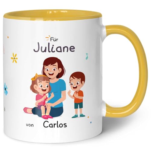 Bedruckte Tasse mit Spruch - Hinter jedem glücklichen Kind - Personalisiert mit Name - Geschenk für Erzieher Lehrer zum Kindergarten Grundschule Abschied - Farbe: Gelb von GRAVURZEILE
