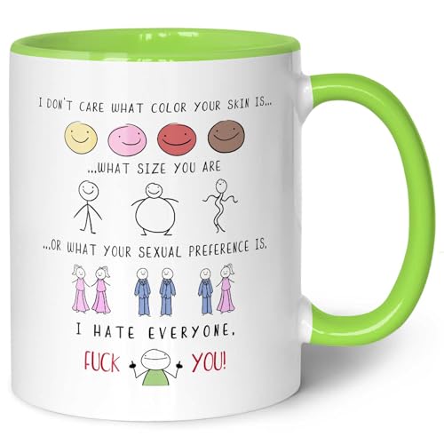 Bedruckte Tasse mit Spruch - I hate everyone - Lustige Spaßtasse als Scherzgeschenk - Geschenk für Freunde Kollegen & Familie für Büro Arbeit Alltag - für Sie & Ihn - Farbe: Grün von GRAVURZEILE