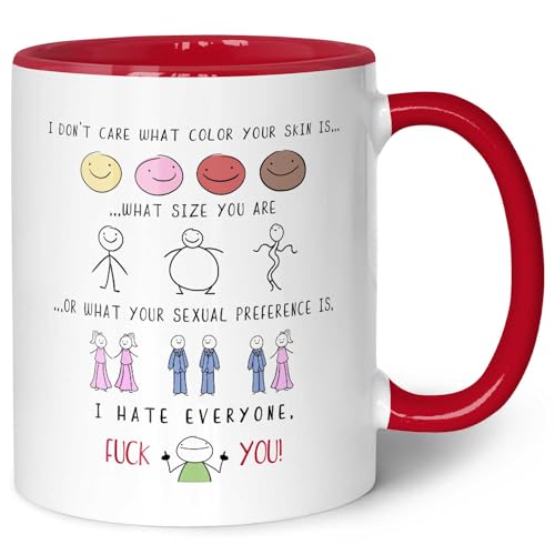 Bedruckte Tasse mit Spruch - I hate everyone - Lustige Spaßtasse als Scherzgeschenk - Geschenk für Freunde Kollegen & Familie für Büro Arbeit Alltag - für Sie & Ihn - Farbe: Rot von GRAVURZEILE