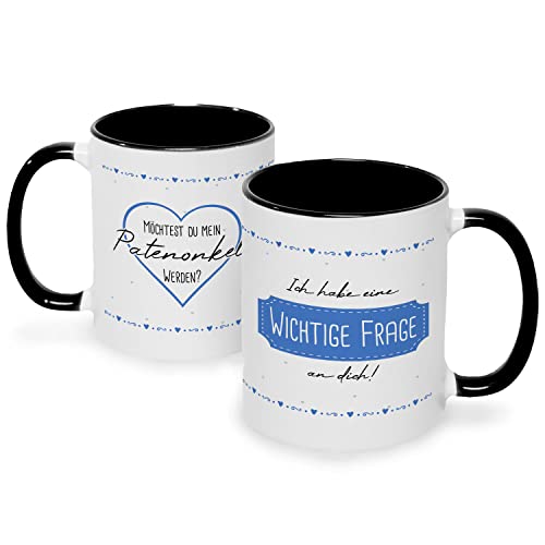 Bedruckte Tasse mit Spruch - Ich habe eine wichtige Frage an dich - Witzige Anfrage an Patentante oder Patenonkel - Geschenk für Paten zur Geburt Weihnachten - Farbe: Patenonkel Schwarz & Weiß von GRAVURZEILE