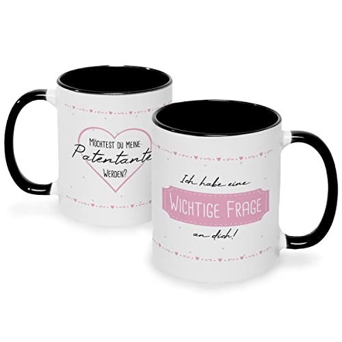 Bedruckte Tasse mit Spruch - Ich habe eine wichtige Frage an dich - Witzige Anfrage an Patentante oder Patenonkel - Geschenk für Paten zur Geburt Weihnachten - Farbe: Patentante - Schwarz & Weiß von GRAVURZEILE