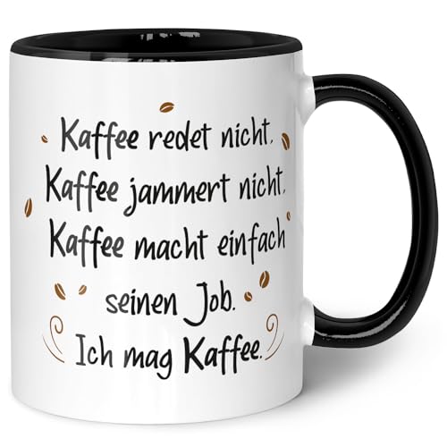 Bedruckte Tasse mit Spruch - Kaffee redet nicht - Lustige Geschenke - Geschenk für Mama Papa Freunde Geburtstag Muttertag Vatertag Valentinstag Weihnachten - Männer & Frauen - Farbe: Schwarz & Weiß von GRAVURZEILE