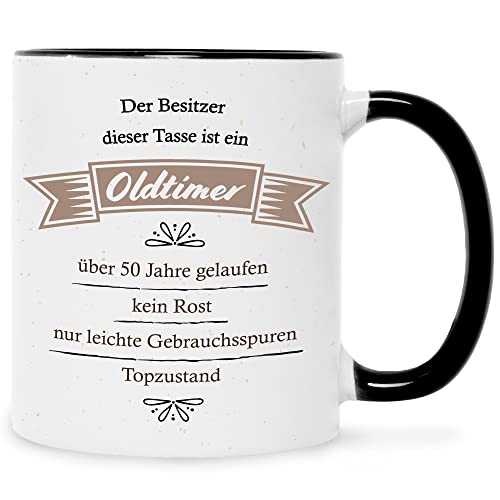 Bedruckte Tasse mit Spruch - Oldtimer Geburtstag - Geschenk zum 50. Geburtstag - Witziges Geschenk für Auto Oldie Liebhaber - Geschenk für Sie & Ihn zum Geburtstag - Farbe: Schwarz & Weiß von GRAVURZEILE