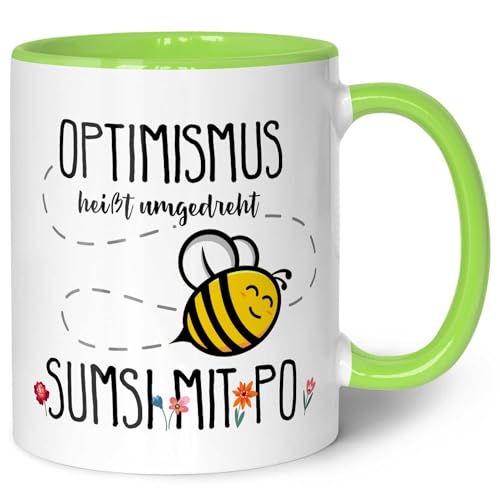 Bedruckte Tasse mit Spruch - Optimismus heißt umgedreht Sumsi mit Po - Witzige Geschenkidee für Arbeit Büro - Geschenk für Freunde Imker & Bienen Züchter - Farbe: Grün von GRAVURZEILE