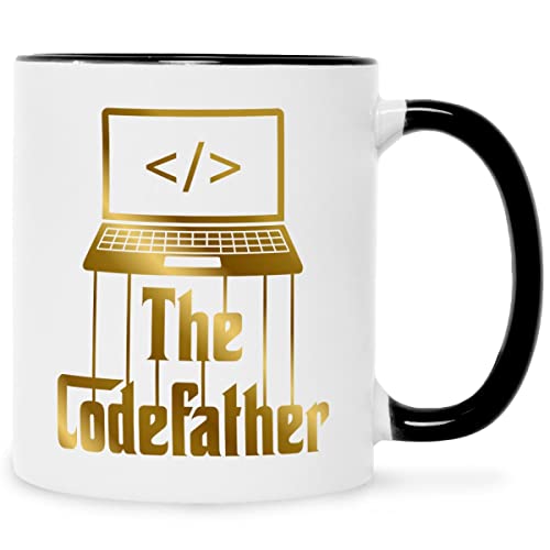 Bedruckte Tasse mit Spruch - The Codefather - Geschenk für IT Techniker - Kaffeebecher für Programmierer & Informatiker - Geschenke für Itler Nerds Geeks - Farbe: Gold - Schwarz & Weiß von GRAVURZEILE