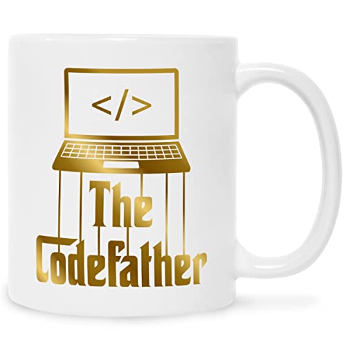 Bedruckte Tasse mit Spruch - The Codefather - Geschenk für IT Techniker - Kaffeebecher für Programmierer & Informatiker - Geschenke für Itler Nerds Geeks - Farbe: Gold - Weiß von GRAVURZEILE