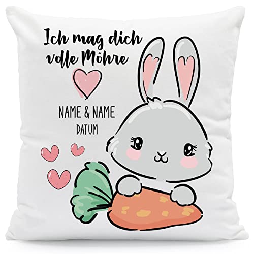 Bedrucktes Kissen mit Motiv - Ich mag Dich volle Möhre - Personalisiert mit Namen & Datum - Geshenk zu Ostern Valentinstag mit Hase Häschen Motiv - Geschenke für Sie & Ihn - Größe: mit Füllung von GRAVURZEILE