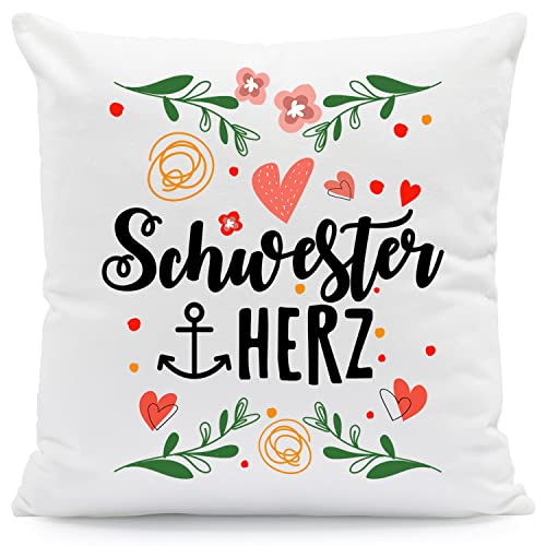 Bedrucktes Kissen mit Spruch - Schwesterherz - Herzliche Geschenke - Geschenk für die Beste Schwester zum Geburtstag Weihnachten - Geschenk für Sie - mit Füllung von GRAVURZEILE