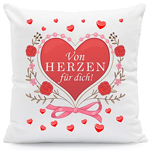 Bedrucktes Kissen mit Spruch - Von Herzen für dich - Herzliche Geschenke - Geschenk für Pärchen Paare zum Valentinstag Geburtstag Weihnachten - Geschenk für Sie & Ihn als Liebesbeweis - mit Füllung von GRAVURZEILE