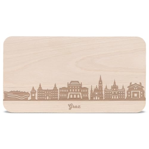 GRAVURZEILE Frühstücksbrettchen mit Gravur - Skyline Graz - Holz Schneidebrett Vesperbrett Brotzeitbrett - Geschenk für Stadtverliebte - Ideal auch als Souvenir von GRAVURZEILE