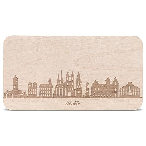 GRAVURZEILE Frühstücksbrettchen mit Gravur - Skyline Halle - Holz Schneidebrett Vesperbrett Brotzeitbrett - Geschenk für Stadtverliebte - Ideal auch als Souvenir von GRAVURZEILE