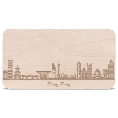 GRAVURZEILE Frühstücksbrettchen mit Gravur - Skyline Hong Kong - Holz Schneidebrett Vesperbrett Brotzeitbrett - Geschenk für Stadtverliebte - Ideal auch als Souvenir von GRAVURZEILE