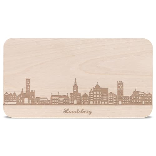 GRAVURZEILE Frühstücksbrettchen mit Gravur - Skyline Landsberg - Holz Schneidebrett Vesperbrett Brotzeitbrett - Geschenk für Stadtverliebte - Ideal auch als Souvenir von GRAVURZEILE