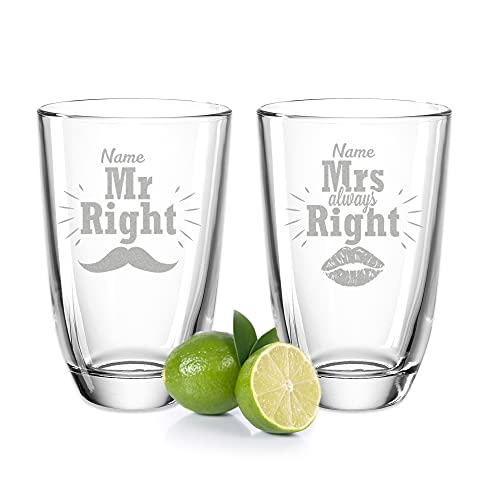 GRAVURZEILE 2er Set Montana GIN-Gläser - Mr Right & Mrs Always Right mit Wunschnamen - personalisiertes Geschenk für Kollegen, gute Freunde & Familie - GIN-Glasses + GIN-Tonic - Party Geschenkset von GRAVURZEILE