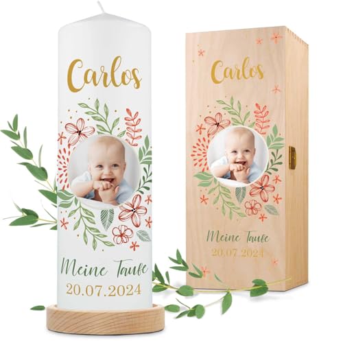 GRAVURZEILE Bedruckte Kerze - Baby Fotokerze zur Taufe - Christliche Taufkerze mit eigenem Foto - Personalisiert mit Namen, Datum & Bild - Hochwertige Stumpenkerze Weiß 250/80 mm von GRAVURZEILE