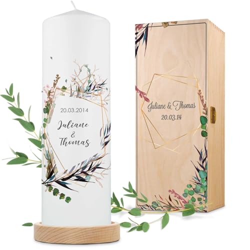 GRAVURZEILE Bedruckte Kerze - Flower Polygon Design - Personalisiert mit Namen, Datum & Wunschtext - Geschenk zur Hochzeit an das Brautpaar - Traukerze Stumpenkerze 8 cm x 25 cm (Ø/H) - Weiß von GRAVURZEILE