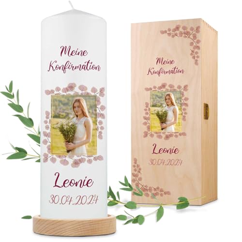 GRAVURZEILE Bedruckte Kerze - Fotokerze zur Konfirmation & Kommunion - Christliche Kerze mit Foto - Personalisiert mit Namen, Datum und Wunschtext - Hochwertige Stumpenkerze 250/80 mm - Farbe: Rosa von GRAVURZEILE