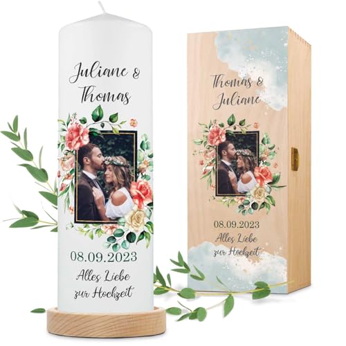 GRAVURZEILE Bedruckte Kerze - Hochzeitsfoto - Personalisierte Kerze mit eigenen Namen, Datum & Foto Bild - Geschenk zur Hochzeit an das Brautpaar - Hochwertige Stumpenkerze Weiß 250/80 mm von GRAVURZEILE