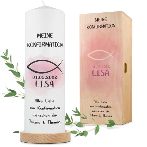 GRAVURZEILE Bedruckte Kerze - Konfirmation Fisch - bedruckte Kerze zur Konfirmation & Kommunion - Personalisiert mit Namen - Geschenk für Mädchen & Jungen - Stumpenkerze 250/80 mm - Farbe: Rosa GRAVURZEILE Bedruckte Kerze - Konfirmation Fisch - bedruckte Kerze zur Konfirmation & Kommunion - Personalisiert mit Namen - Geschenk für Mädchen & Jungen - Stumpenkerze 250/80 mm - Farbe: Rosa von GRAVURZEILE