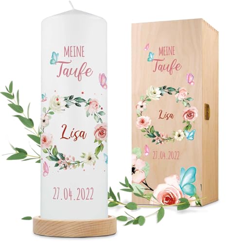 GRAVURZEILE Bedruckte Kerze - Taufkerze Blumenkranz - brilliant bedruckte Kerze zur Taufe - Personalisiertes Taufgeschenk für Mädchen & Jungen - Hochwertige Stumpenkerze 250/80 mm von GRAVURZEILE