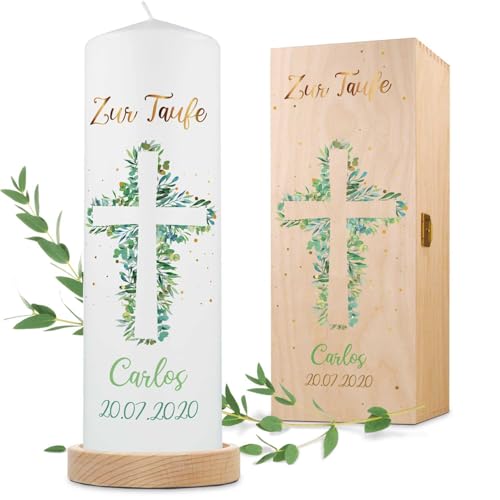 GRAVURZEILE Bedruckte Kerze - Taufkerze Eukalyptus Kreuz - brilliant bedruckte Kerze zur Taufe - Personalisiertes Taufgeschenk für Mädchen & Jungen - Hochwertige Stumpenkerze 250/80 mm von GRAVURZEILE