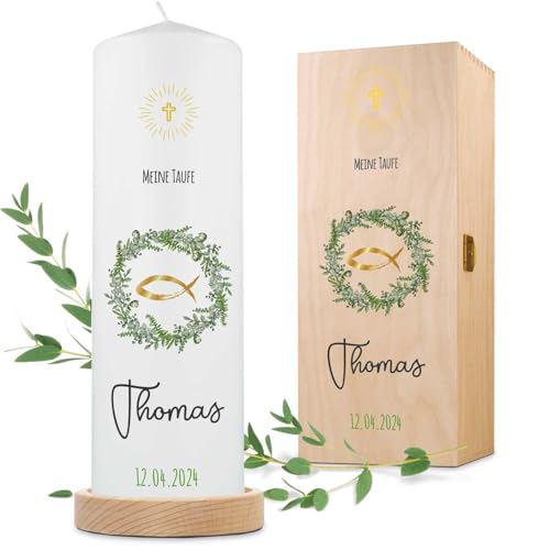 GRAVURZEILE Bedruckte Kerze - Taufkerze Kranz - brilliant bedruckte Kerze zur Taufe - Personalisiertes Taufgeschenk für Mädchen & Jungen - Hochwertige Stumpenkerze 250/80 mm - Fisch GRAVURZEILE Bedruckte Kerze - Taufkerze Kranz - brilliant bedruckte Kerze zur Taufe - Personalisiertes Taufgeschenk für Mädchen & Jungen - Hochwertige Stumpenkerze 250/80 mm - Fisch von GRAVURZEILE
