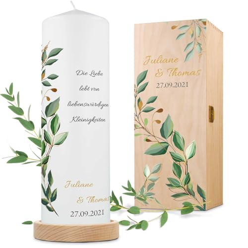 GRAVURZEILE Bedruckte Kerze - Traukerze Eukalyptusranke - Personalisierte Kerze mit Namen & Datum - Geschenk für Paare zur Hochzeit zum Valentinstag - Hochwertige Stumpenkerze Weiß 250/80 mm von GRAVURZEILE