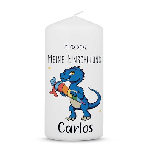 GRAVURZEILE Bedruckte Kleine Kerze - Einschulungskerze Dino - Personalisiert mit Name & Datum - brilliant bedruckte Kerze zur Einschulung - Geschenk zum Schulanfang - Farbe Blau von GRAVURZEILE