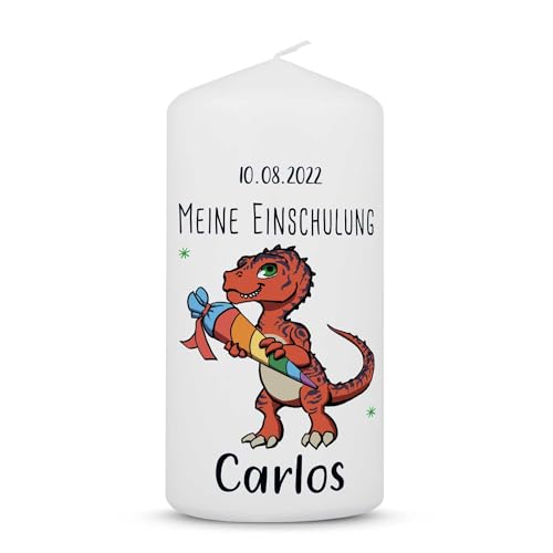 GRAVURZEILE Bedruckte Kleine Kerze - Einschulungskerze Dino - Personalisiert mit Name & Datum - brilliant bedruckte Kerze zur Einschulung - Geschenk zum Schulanfang - Farbe Rot von GRAVURZEILE