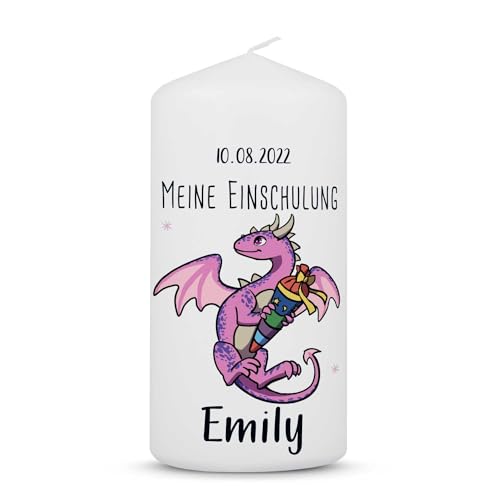 GRAVURZEILE Bedruckte Kleine Kerze - Einschulungskerze Drache - Personalisiert mit Name & Datum - brilliant bedruckte Kerze zur Einschulung - Geschenk zum Schulanfang - Farbe Rosa von GRAVURZEILE