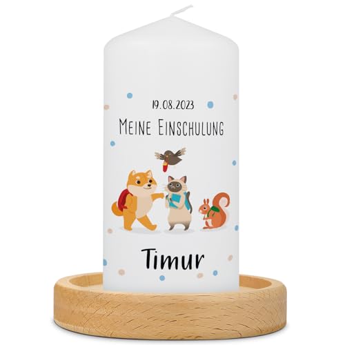 GRAVURZEILE Bedruckte Kleine Kerze - Einschulungskerze Tiergruppe - Personalisiert mit Name & Datum - brilliant bedruckte Kerze zur Einschulung - Geschenk für Mädchen & Jungen zum Schulanfang von GRAVURZEILE