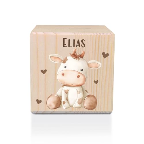 GRAVURZEILE Bedruckte Spardose aus Holz mit Metallschloss - Tiere Kinder Kuh - Personalisiert mit Namen - Geschenk für Mädchen & Jungen Einschulung - Sparschwein für Kinder zum Schulanfang von GRAVURZEILE