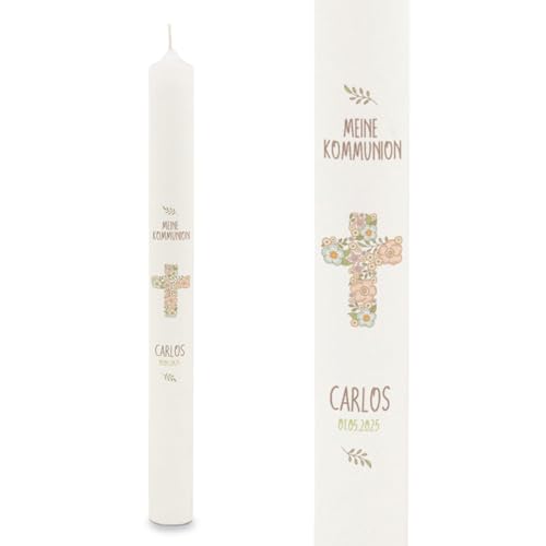 GRAVURZEILE Bedruckte Stabkerze - Kreuz Blumen - Personalisiert mit Name & Datum - Geschenk zur Taufe, Kommunion oder Konfirmation - Für Jungen & Mädchen - Altarkerze 400/40 mm - Weiß von GRAVURZEILE